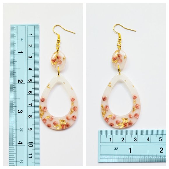 Statement Earrings Gold and Blush Pink Floral Milk Bath Handmade Teardrop Dangle - Picture 10 of 12